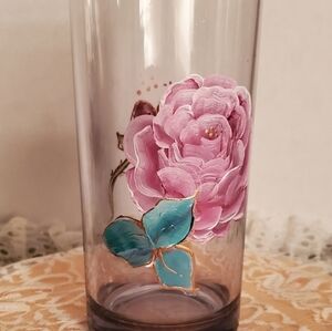 One multi colored Rose glass - one pink rose glass hand painted